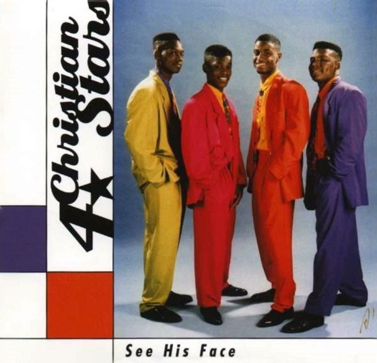 4 Christian Stars: four singers in bright suits on the cover of their album See His Face